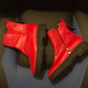 Women’s Ankle Boots, flat solid red color